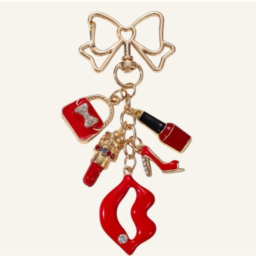 Red & Gold Bow Charm Keychain - Purse, Lipstick, Heels, Lips & Polish New - Picture 4 of 5